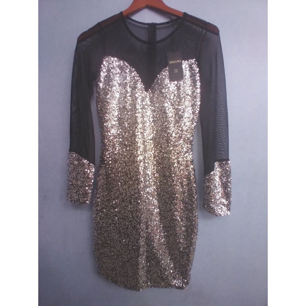 Glamorous Gold Sequin Bodycon Dress with Mesh Long‎ Sleeves - Party Evening Wear